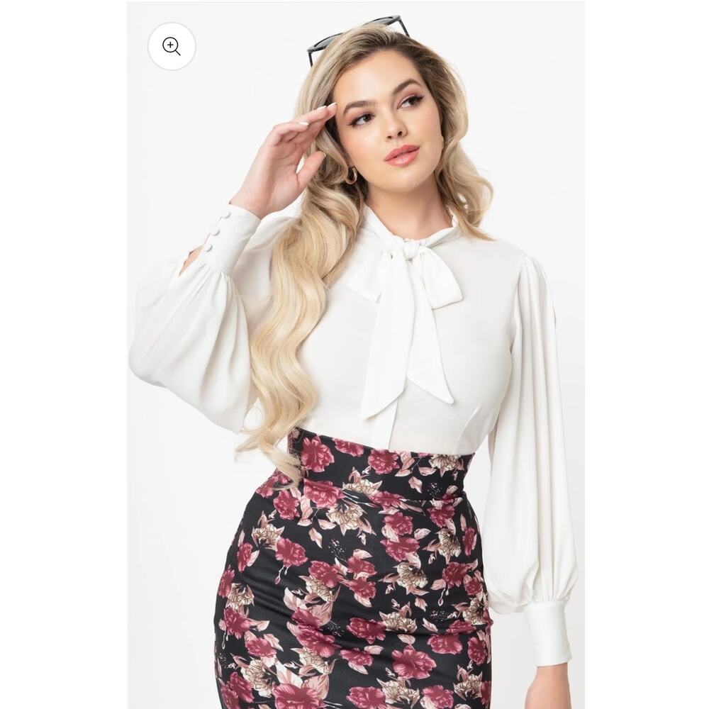 Unique Vintage White Neck Tie Gwen Blouse M NWT - Picture 4 of 6